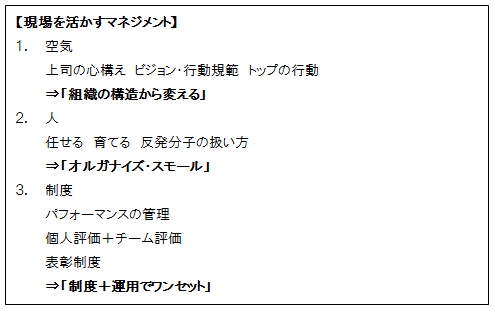 【現場を活かすマネジメント】１．空気 上司の心構え　ビジョン・行動規範　トップの行動⇒「組織の構造から変える」２．人 任せる　育てる　反発分子の扱い方⇒「オルガナイズ・スモール」３．制度 パフォーマンスの管理 個人評価＋チーム評価 表彰制度⇒「制度＋運用でワンセット」