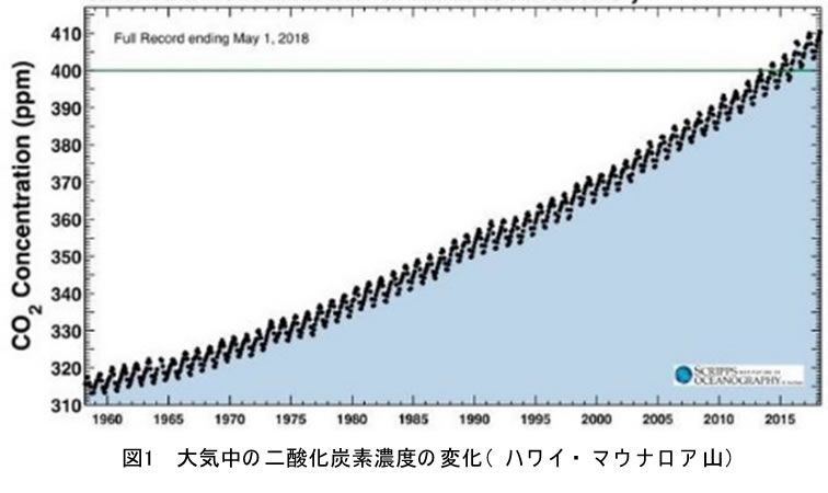 図1　大気中の二酸化炭素濃度の変化（ハワイ・マウナロア山）